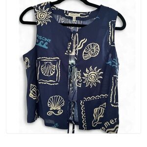 NWT Patrons of Peace Navy blue Patterned top blouse with ties size medium